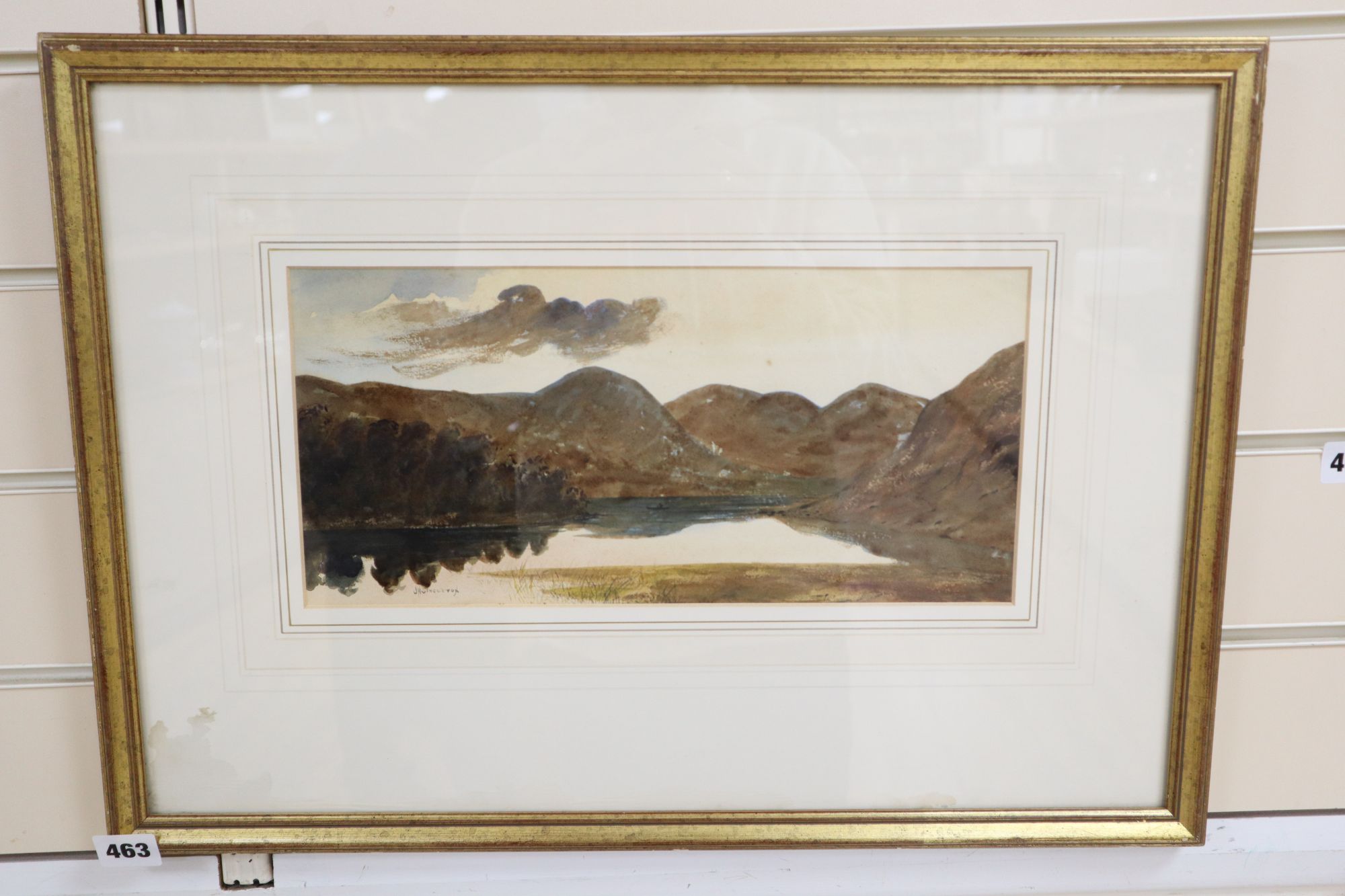 J.N. Singleton, watercolour with gum arabic, Lake scene, signed, 16 x 35cm